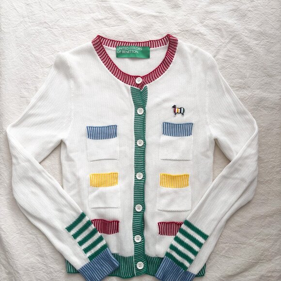 United Colors of Benetton Rainbow Pocket Cardigan XS White Cotton Sheep Logo - Picture 4 of 14